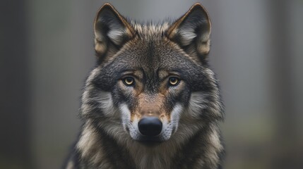 Obraz premium A wolf looks directly at the camera in a foggy forest.