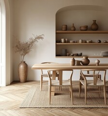 Minimalist Scandinavian Dining Room with Light Wood Table and Chairs