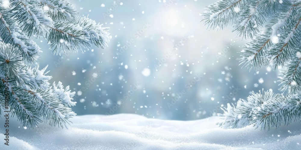 Aufkleber winter wonderland image of snowy pine branches frosted in soft light and delicate snowflakes with bo