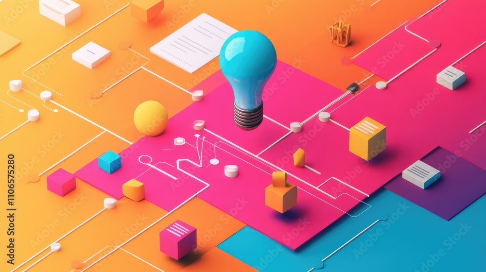Poster A 3D design thinking flowchart in a flat design, rich in colors and geometric shapes. Perfect for illustrating the creative idea process, with space for text.