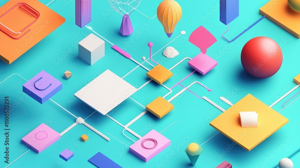 Poster A 3D design thinking flowchart in a flat design, rich in colors and geometric shapes. Perfect for illustrating the creative idea process, with space for text.