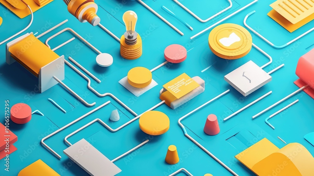 Poster A 3D design thinking flowchart in a flat design, rich in colors and geometric shapes. Perfect for illustrating the creative idea process, with space for text.
