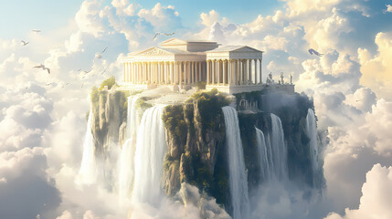 Majestic floating islands of olympus amidst iridescent clouds with grand marble palaces cascading waterfalls and ethereal gods wielding elemental powers. Mythic. Illustration