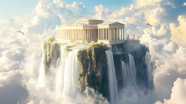 Majestic floating islands of olympus amidst iridescent clouds with grand marble palaces cascading waterfalls and ethereal gods wielding elemental powers. Mythic. Illustration