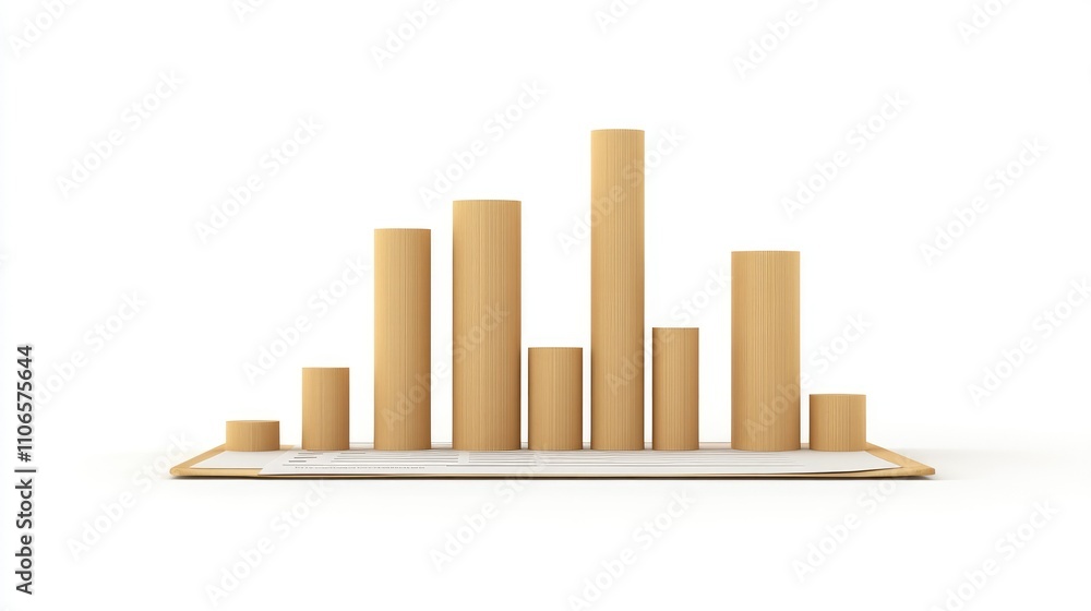 Poster a clean, isolated image of a bar graph, tablet, and report paper placed on a white background, ideal