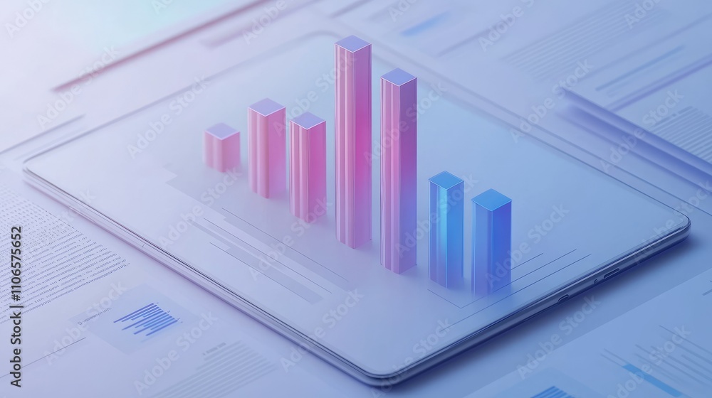 Poster a clean, isolated image of a bar graph, tablet, and report paper placed on a white background, ideal
