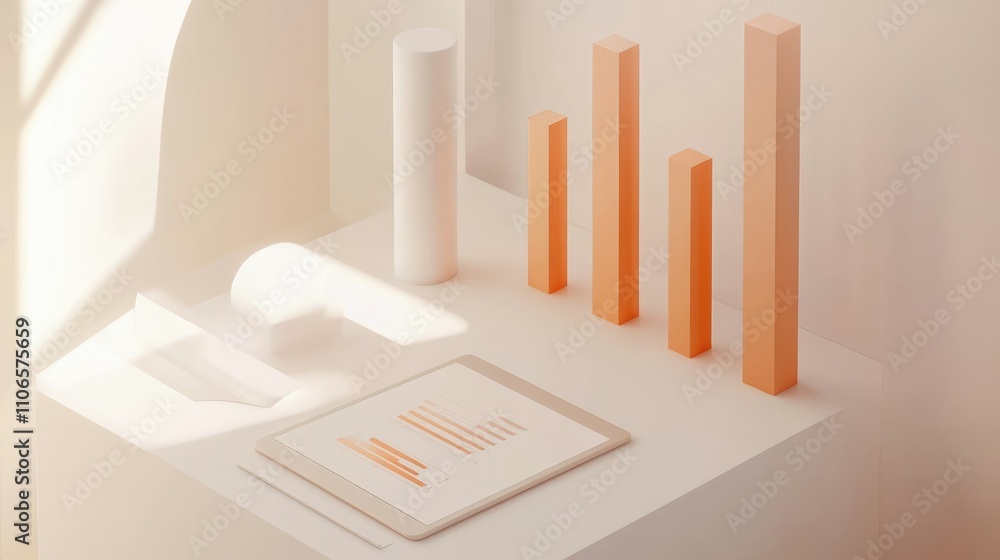 Poster a clean, isolated image of a bar graph, tablet, and report paper placed on a white background, ideal
