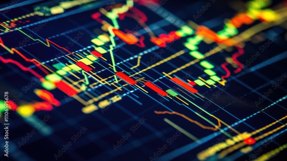 Poster a close-up of a forex trading graph with candlestick patterns and fluctuating market trends, represe