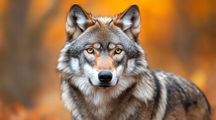 Close up portrait of a wolf looking intently at the camera.