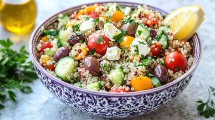 A colorful bowl of Mediterranean quinoa salad with cherry tomatoes, cucumber, feta cheese