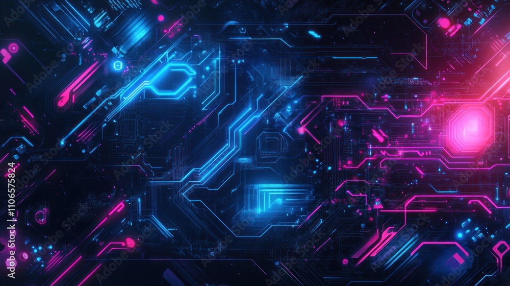 Aufkleber abstract digital background with neon blue and pink circuit patterns and glowing elements.