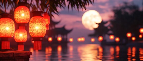 Illuminated red lanterns hanging near a tranquil water scene at night, with a full moon and traditional architecture in the background.