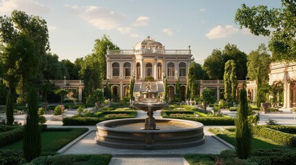 Obraz premium Elegant mansion with lush gardens and fountain.