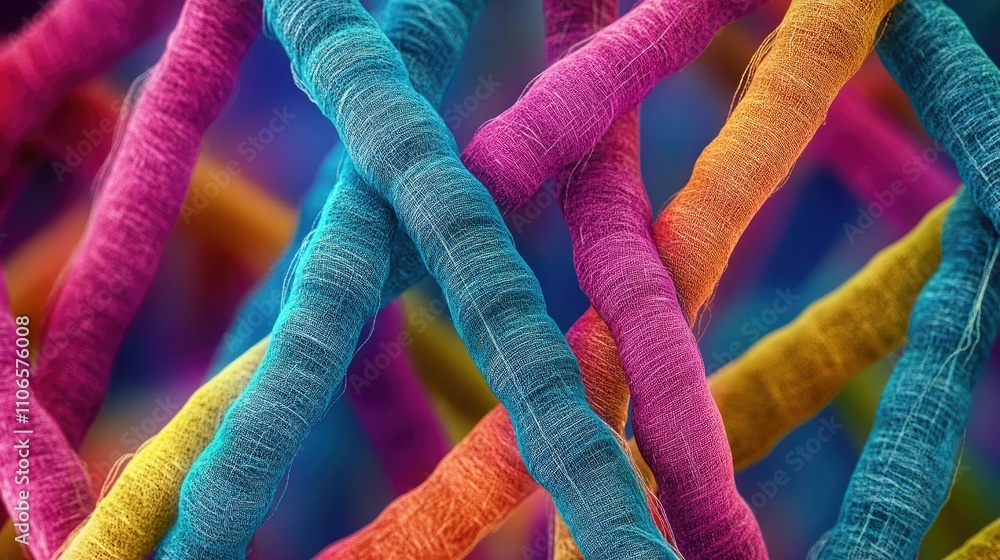 Poster a detailed microscopic view of interwoven textile fibers, highlighting their intricate structure and