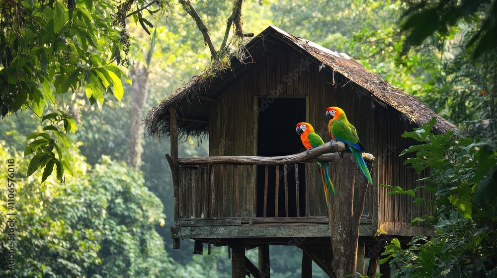 Poster a vibrant scene of two parrots near a rustic treehouse in a lush forest.