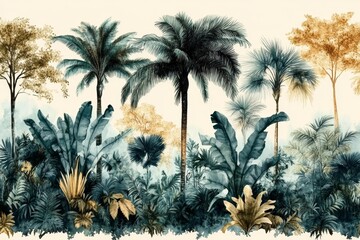 Tropical Palm Trees and Exotic Plants Watercolor Wallpaper Background