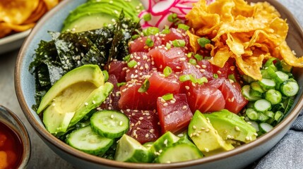 A colorful bowl of poké bowl with diced tuna, avocado, cucumber