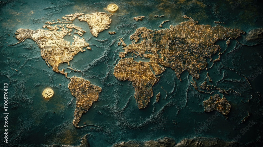Poster A global map with crypto transactions flowing between countries, representing the interconnected nature of the global economy. Digital and modern financial focus.