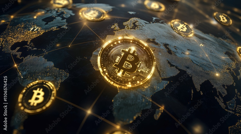 Poster A global map with crypto transactions flowing between countries, representing the interconnected nature of the global economy. Digital and modern financial focus.