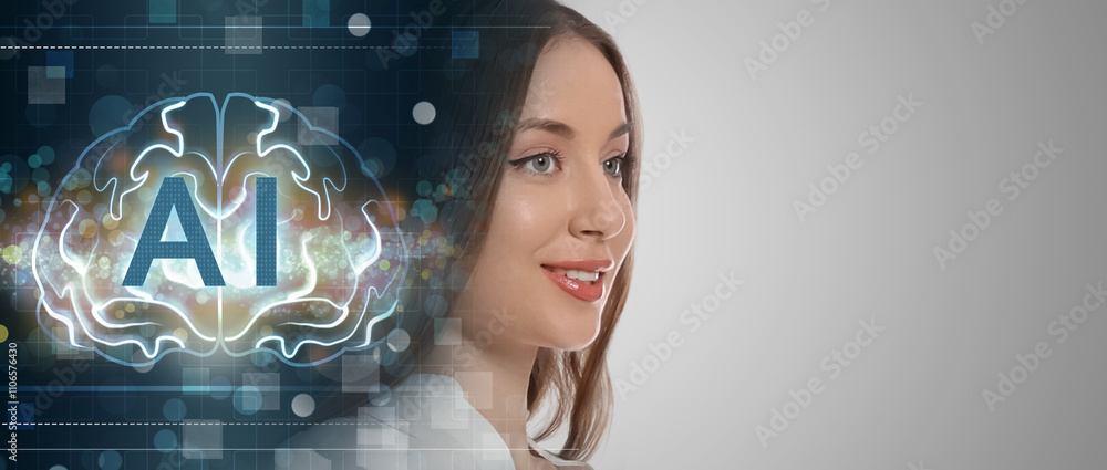 Aufkleber artificial intelligence. double exposure of woman and scheme with brain on grey background. banner d