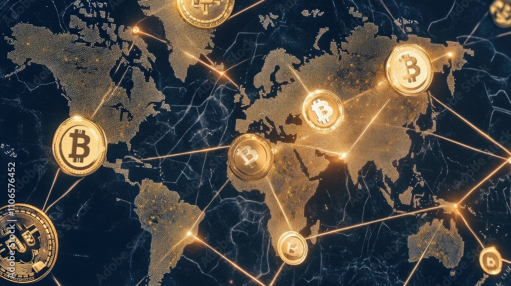 Poster A global map with crypto transactions flowing between countries, representing the interconnected nature of the global economy. Digital and modern financial focus.
