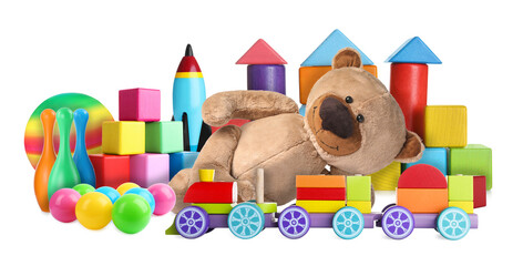 Obraz premium Teddy bear and other toys isolated on white