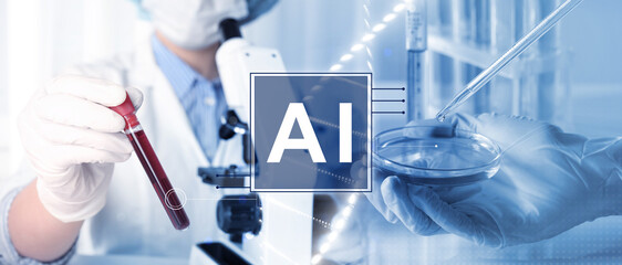 Artificial intelligence in medicine. Laboratory workers and illustration of DNA, double exposure....