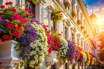 Beautiful White Facade Adorned with Vibrant Flowers in Full Bloom, Showcasing Architectural Elegance and Nature's Splendor in a Bright Sunlit Environment