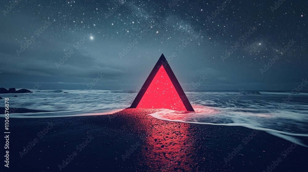 Aufkleber a glowing red triangular structure emerges from ocean waves under a starry night sky.
