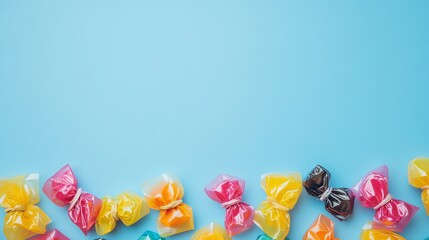 Colorful candies in cellophane wrappers on a blue background.
