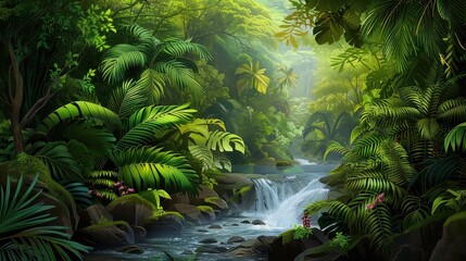 Obraz premium Peaceful Stream Flowing Through Lush Tropical Rainforest