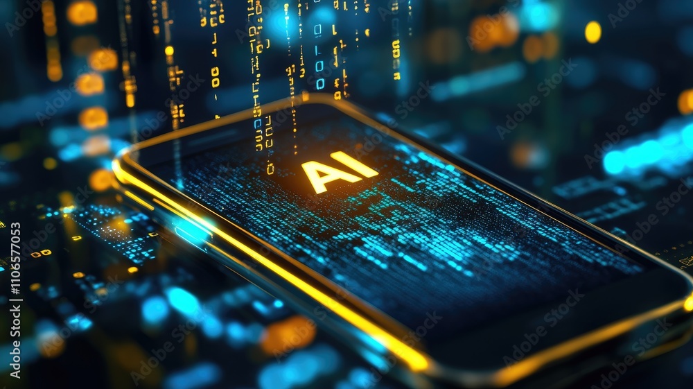 Poster a businessman uses artificial intelligence technology for trading and market analysis on a tablet wi