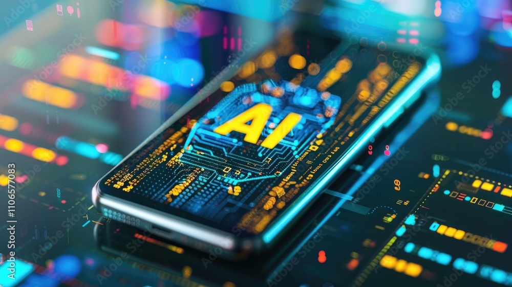 Poster a businessman uses artificial intelligence technology for trading and market analysis on a tablet wi