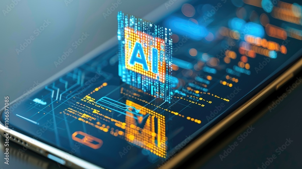 Poster a businessman uses artificial intelligence technology for trading and market analysis on a tablet wi