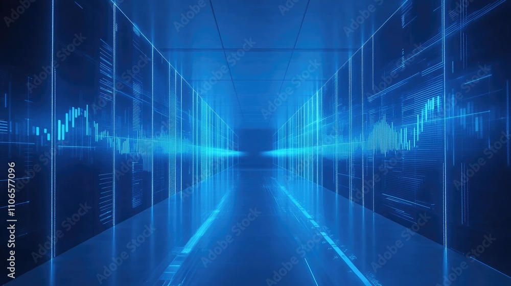 Poster A sleek blue financial data chart with fluctuating graphs and digital data, ideal for use as a background in a bank branch or financial institution