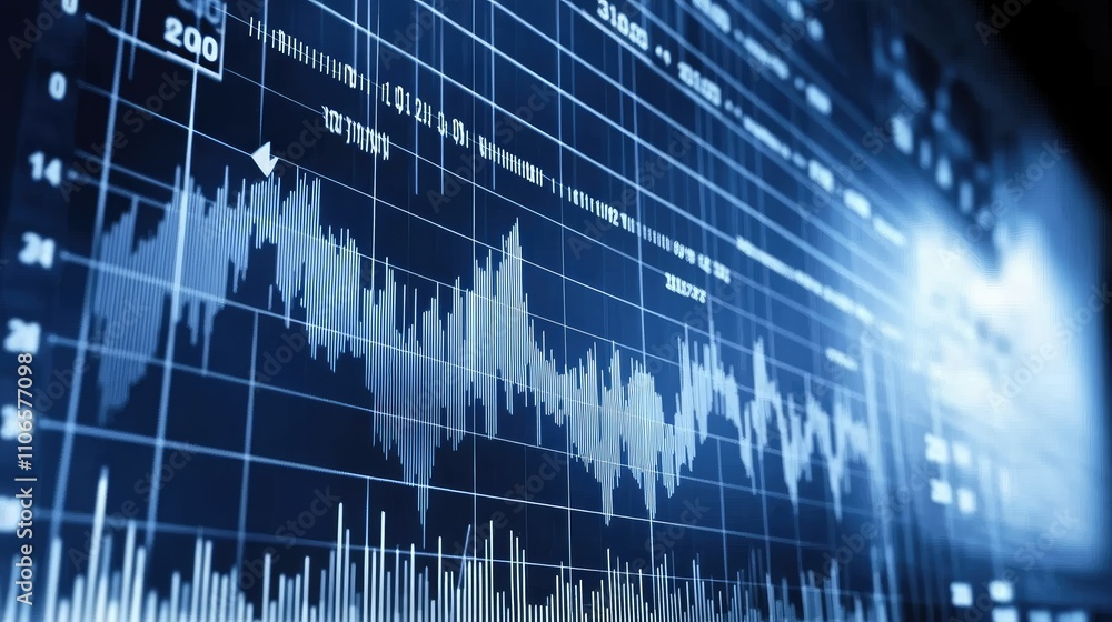 Poster A sleek blue financial data chart with fluctuating graphs and digital data, ideal for use as a background in a bank branch or financial institution