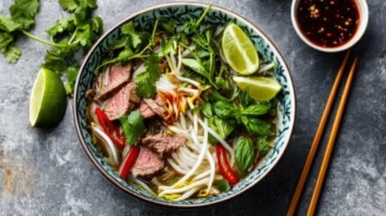 A colorful bowl of Vietnamese pho filled with rice noodles, sliced beef, bean sprouts
