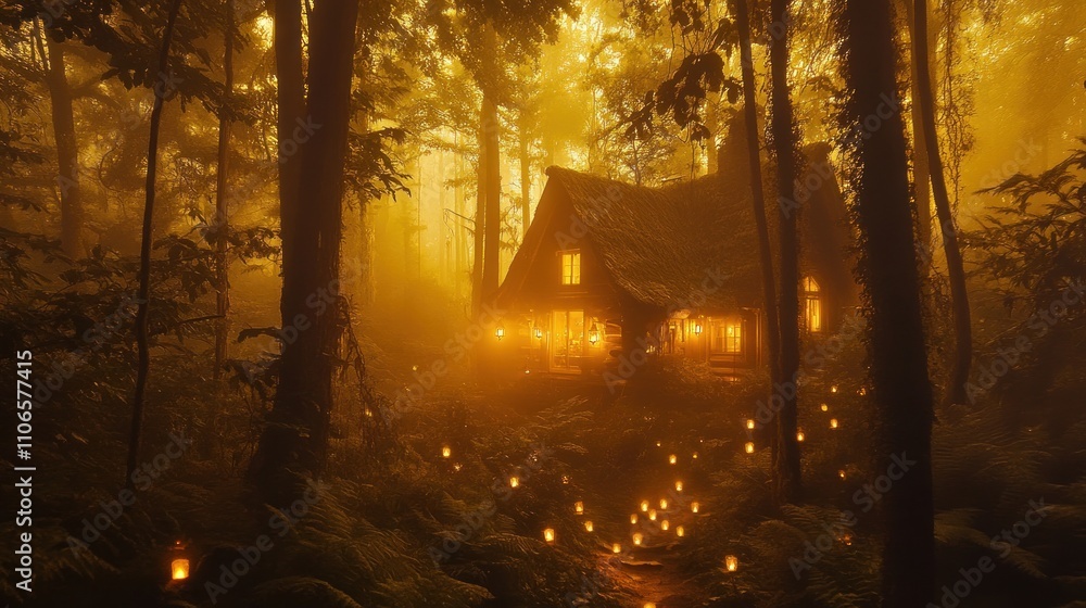 Poster a mystical cabin in a foggy forest, illuminated by lanterns, creating an enchanting atmosphere.