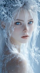 portrait of a Beautiful girl with ice and snow, silver hair, blue eyes, wearing crystal jewelry, surrounded by icy crystals,