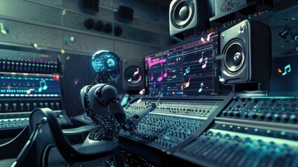 Fototapeta premium A humanoid robot in a recording studio with musical notes on foreground, surrounded by musical notes and sound waves on digital screens, mixing music with professional equipment, generative ai