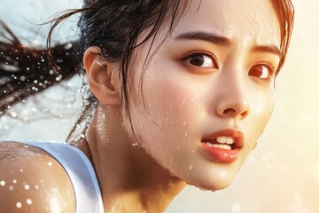 Naklejka premium A close-up of a determined woman with wet skin, capturing an intense moment, possibly during exercise or a challenging activity.