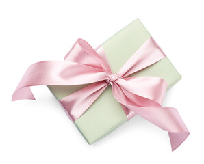 Beautiful gift box with pink bow isolated on white, top view
