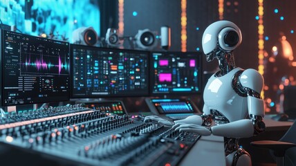 Fototapeta premium A humanoid robot in a recording studio with musical notes on foreground, surrounded by musical notes and sound waves on digital screens, mixing music with professional equipment, generative ai