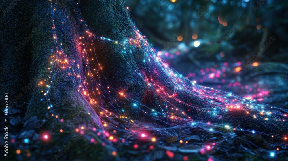 Poster a vibrant tree trunk adorned with colorful lights in a mystical forest setting.