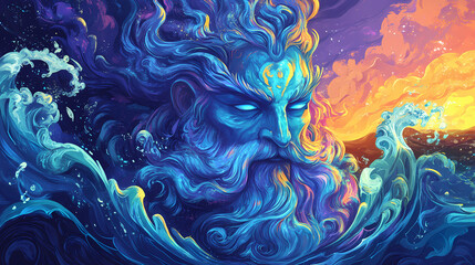 Colorful illustration of a mythological sea god with vibrant waves. Mythic. Illustration
