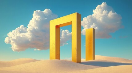 Surreal Desert Landscape with Yellow Rectangles and Clouds on Sunny Day