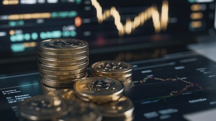 Finance concept showing coins stacking up alongside financial graphs, symbolizing market growth and investment in the global economy.
