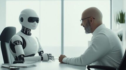 A robot is sitting at the table in an office and talking to his boss. In front of him sits a humanoid robot  smiles slightly. They talk about work together,generative ai