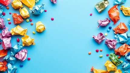 Obraz premium Colorful candies in cellophane wrappers on a blue background.