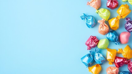 Colorful candies in cellophane wrappers on a blue background.